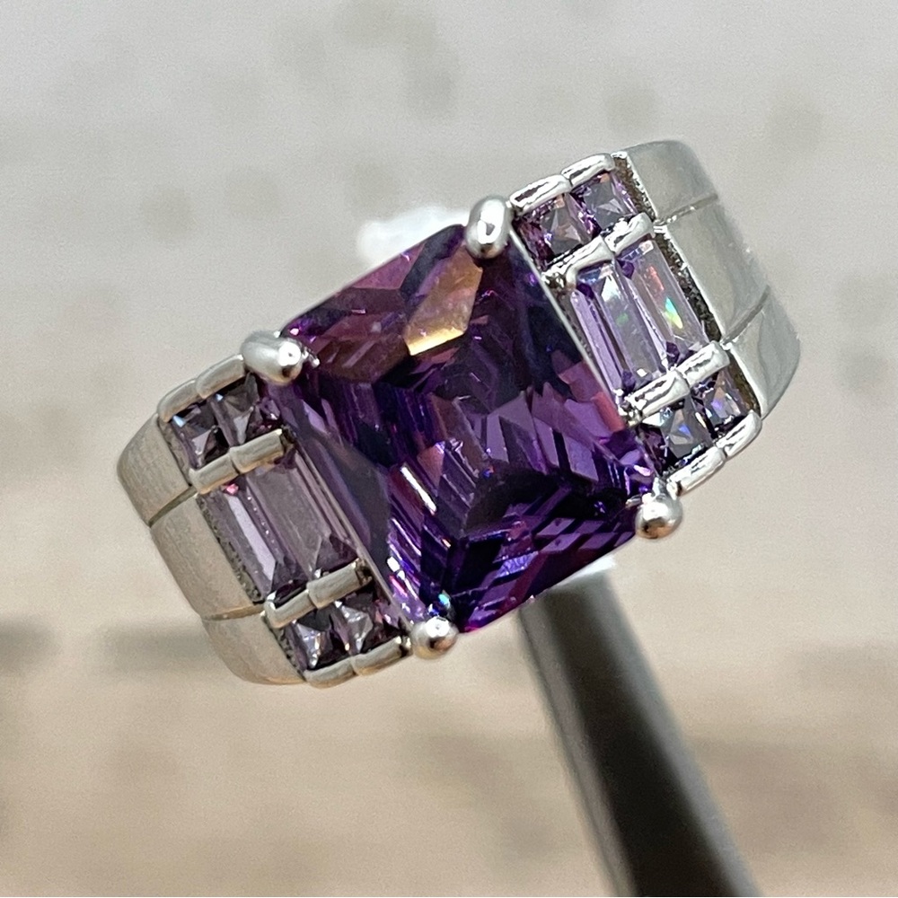Beautiful Statement Radiant Cut Purple Amethyst CZ Silver Plated Ring Band